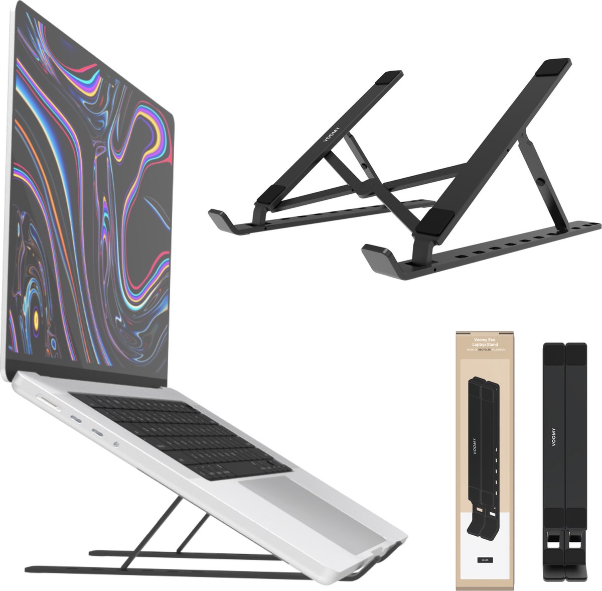 Voomy ECO Laptop Standaard - Verstelbaar & Opvouwbaar - 9 tot 17 inch - Recycled Aluminium - Ergonomische Stand - Voor Laptop, Macbook, Tablet, Lenovo, iPad - Zwart