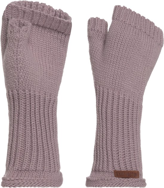 Knit Factory Cleo gebreide dames vingerloze handschoenen in mauve. Met gebreide ribbels en een leren label.