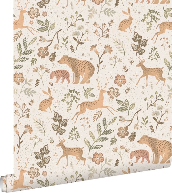 ESTAhome papier peint forêt avec animaux de la forêt blanc cassé et beige - 139525 - 53 cm x 10,05 m