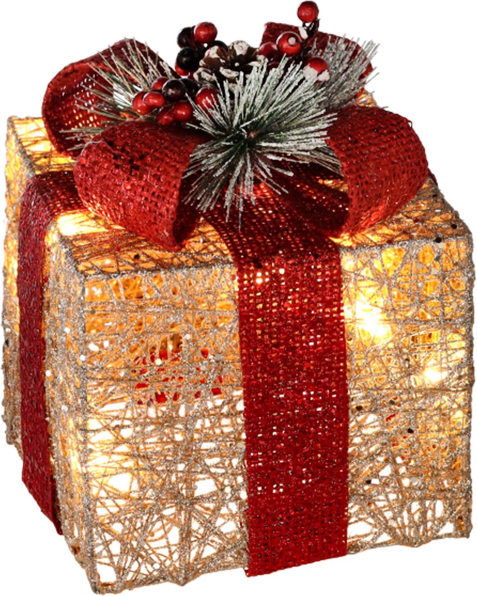 Gouden Geschenk met LED-strik, Kerstdecoratie, 15 cm