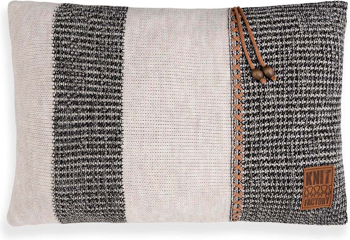 Knit Factory Roxx Sierkussen - Rechthoekig kussen - Kussen woonkamer - Bank kussen - Decoratie kussen - Beige/Zwart - 60x40 cm - Kussenhoes inclusief kussenvulling