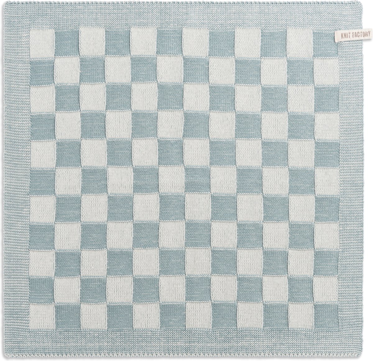Knit Factory Gebreide Keukendoek - Keukenhanddoek Block - Geblokt motief - Handdoek - Vaatdoek - Keuken doek - Ecru/Stone Green - Grijsgroen - Traditionele look - 50x50 cm