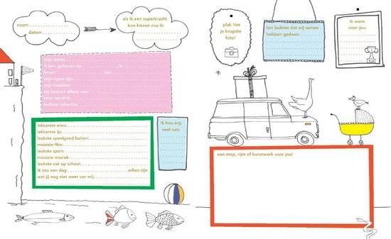 Een dubbele pagina met tekeningen van een auto met geschenk, zwaan, kip op buggy, vissen, een bal, en invulvelden.