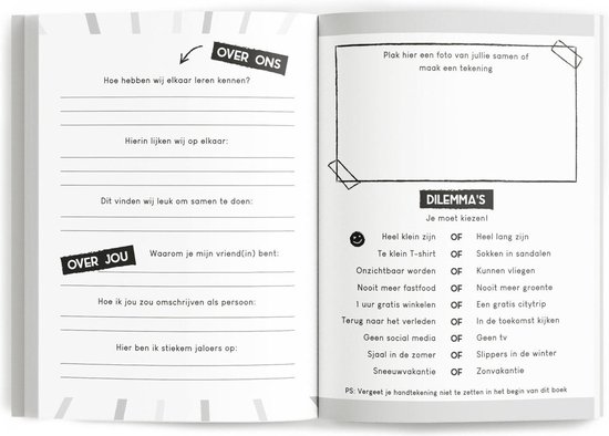 Binnenkant van een vriendenboek met invulbare secties voor 'Over Ons' en 'OverJou'.