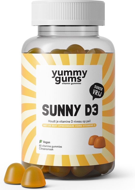 Yummygums sunny vitamine d3 - hoog gedoseerd - goed voor de spieren en sterke botten - vegan, suikervrij en in een lekkere gummy met citroensmaak - 60 gummies