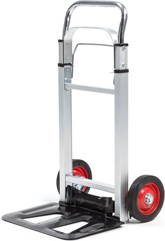 Aluminium steekwagen met zilverkleurige handgreep en zwarte/rode wielen.