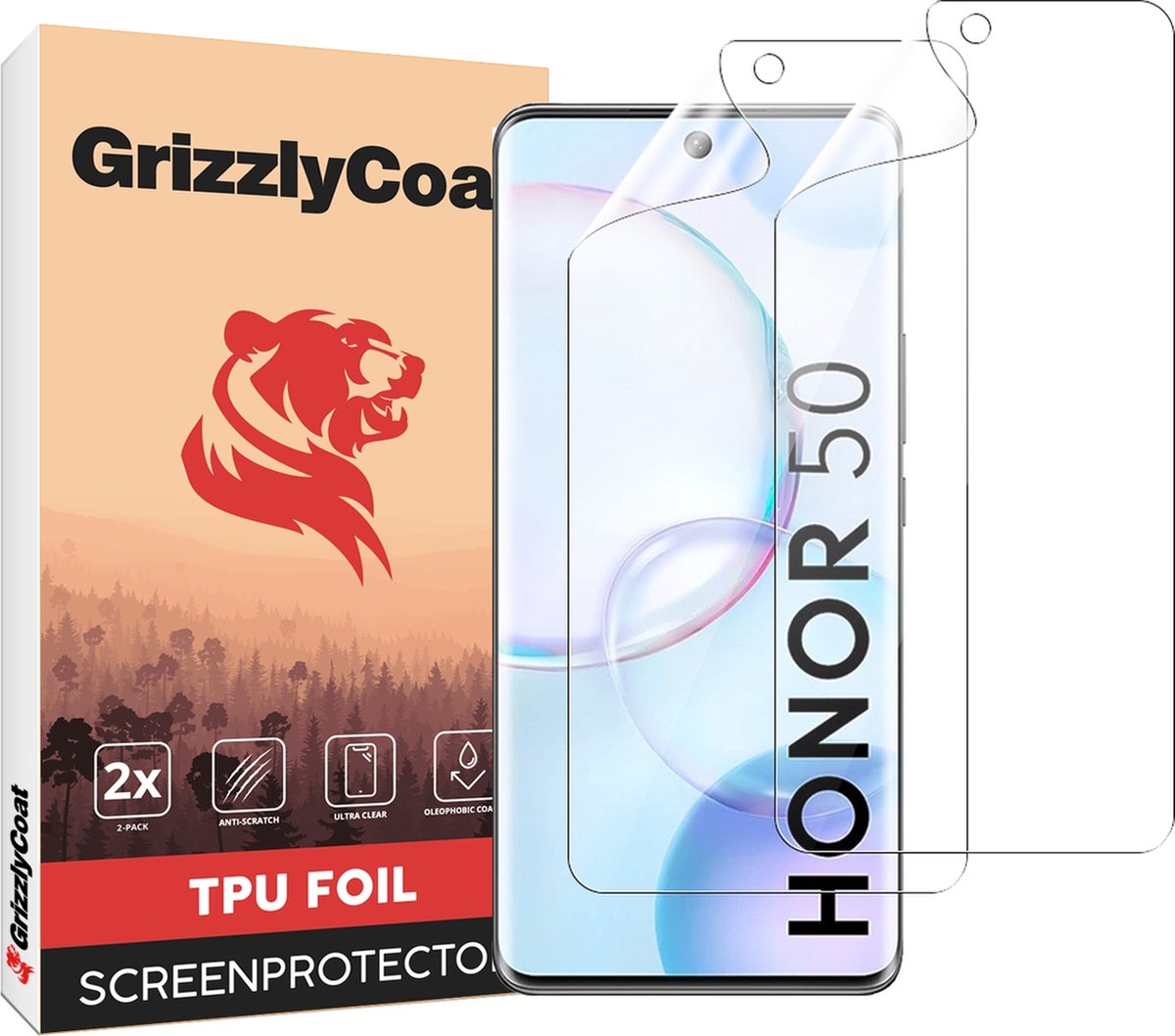 GrizzlyCoat Screenprotector geschikt voor HONOR 50 Hydrogel TPU | GrizzlyCoat Screenprotector - Case Friendly + Installatie Frame (2-Pack)