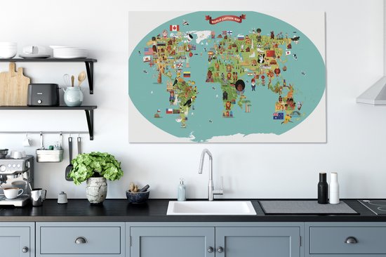 Une illustration de bande dessinée d'une carte du monde avec des chiffres sur toile 140x90 cm - Tirage photo sur toile (Décoration murale salon / chambre)