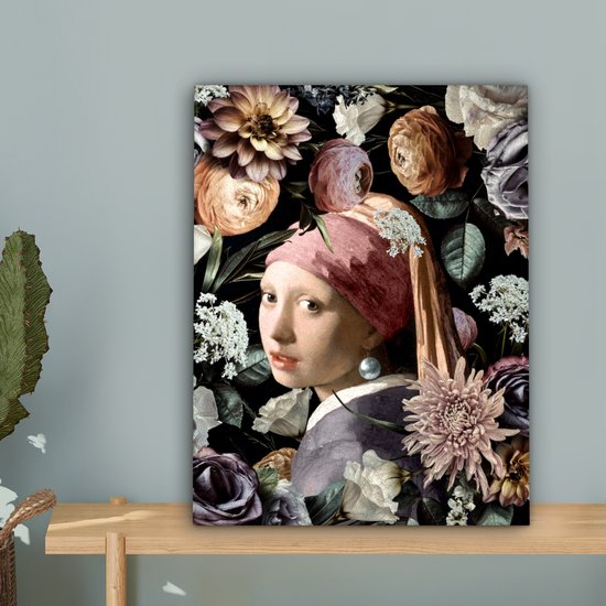 Toile de Oude Meesters - 30 x 40 - Peinture sur toile - Vermeer - Fleurs - Fille avec une boucle d'oreille en perle