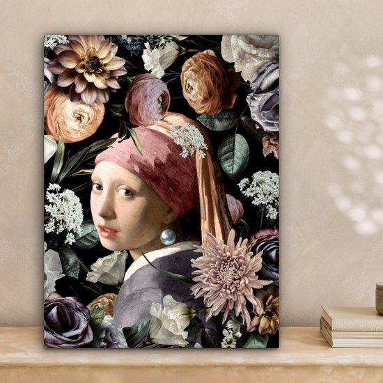 Toile de Oude Meesters - 30 x 40 - Peinture sur toile - Vermeer - Fleurs - Fille avec une boucle d'oreille en perle