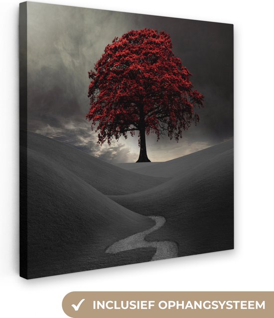 Canvas Schilderij Een zwart-wit foto met een grote rode boom - Wanddecoratie