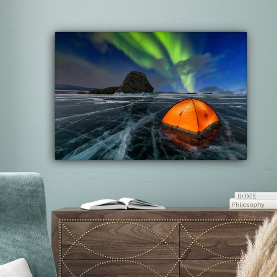 Tente sur la glace sous les aurores boréales toile 2cm 90x60 cm - Tirage photo sur toile (Décoration murale salon / chambre) / phénomènes naturels Peintures sur toile