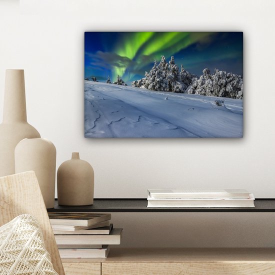 Aurores boréales au-dessus d'un paysage d'hiver avec des arbres toile 2cm 30x20 cm - petit - Tirage photo sur toile (Décoration murale salon / chambre) / phénomènes naturels Peintures sur toile