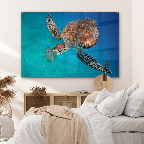 Peinture sur verre - Tortue verte avec méduse - 180x120 cm - Peintures Plexiglas