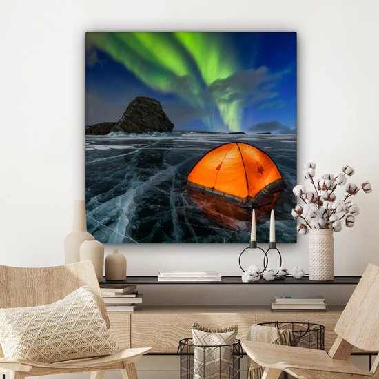 Tableau sur toile Aurores Boréales - Tente - Glace - Scandinavie - 90x90 cm - Décoration murale