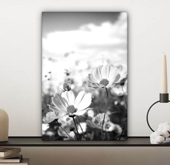 Canvas Schilderij Bloemen - Wei - Paars - Gras - Wit - Wolken - Blauw - 20x30 cm - Wanddecoratie