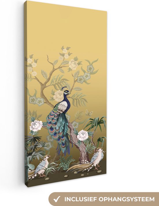 Canvas schilderij - Pauw - Bloemen - Goud - Pauwenveren - Luxe - Canvasdoek - 20x40 cm - Foto op canvas