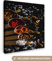 Impression sur toile Herbes - Cuillères - Sel - Épices - Zwart - 20x20 cm - Décoration murale