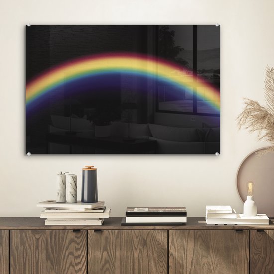 ® Glasschilderij 60x40 cm - Schilderij acrylglas - Een regenboog tegen een zwarte achtergrond - Foto op glas - Muurdecoratie woonkamer - Wanddecoratie slaapkamer - Schilderijen