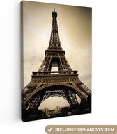 Canvas Schilderij Eiffeltoren in Parijs sepia fotoprint - 80x120 cm - Wanddecoratie