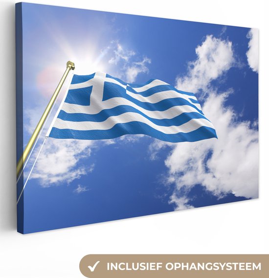 Canvas Schilderij Vlag van Griekenland op een zonnige dag - 90x60 cm - Wanddecoratie