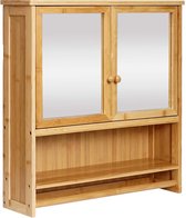 Spiegelkast MCW-B18, badkamer spiegelkast wandkast, 3 planken 2 deuren spiegel bamboe 62x66x15cm
