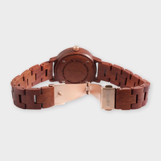 Achterkant Raptor horloge met bruine houten band en rosegouden gesp met Raptor logo.