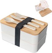Intirilife Lunchbox Bento Box met 3 compartimenten en bestek in het Wit - 18.5 x 10.5 x 9.3 cm - Broodtrommel voor volwassenen kinderen voor school, werk, veilig afsluitbaar, met mes vork lepel