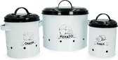 Intirilife Set van 3 Voedselopbergcontainers met deksel en etikettering in Wit - Grijze - Metalen opbergcontainers in 3 maten om aardappelen, uien of andere groenten te bewaren