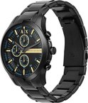 Armani Exchange Hampton horloge met zwarte wijzerplaat, gouden
accenten en blauwe secondenmarkeringen.