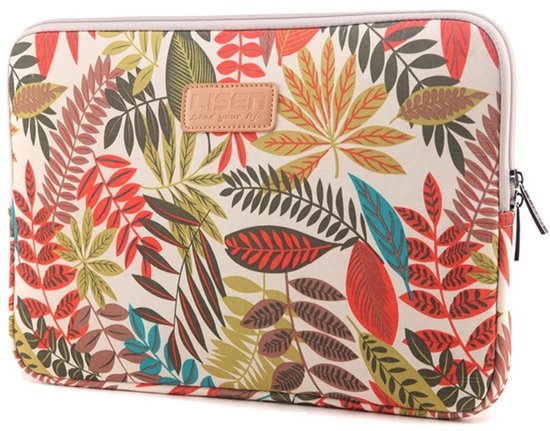 Housse de tablette marron avec un motif vibrant de feuilles rouges, vertes et brunes. Avec fermeture éclair.