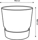 Schematische weergave van een groene bloempot met waterreservoir, met afmetingen 19,5 cm breed en 18,4 cm hoog.