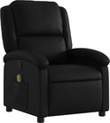 Zwarte fauteuil met massagefunctie, met een zijvak met de afstandsbediening.