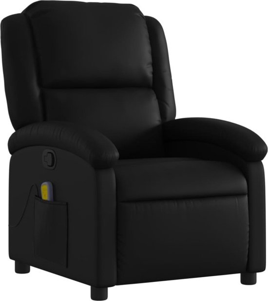 Zwarte fauteuil met massagefunctie, met een zijvak met de afstandsbediening.