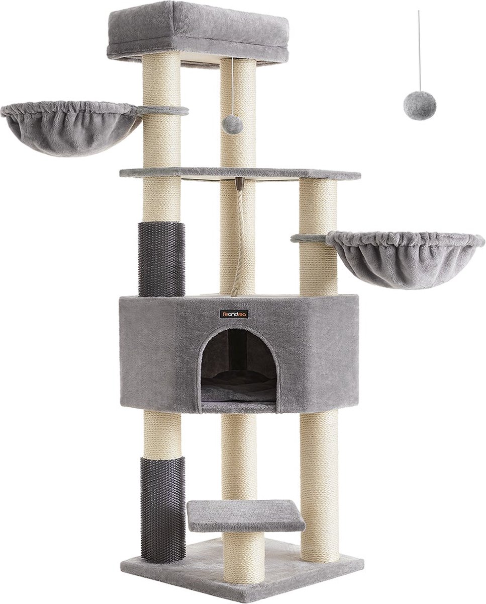 Feandrea Kattenboom met warme dekens, voor grote katten, 2 kattenborstels, 11,1 cm dikke stammen, grote platforms, grot, 50 x 50 x 160 cm, zandbeige-beige PCT003Y01