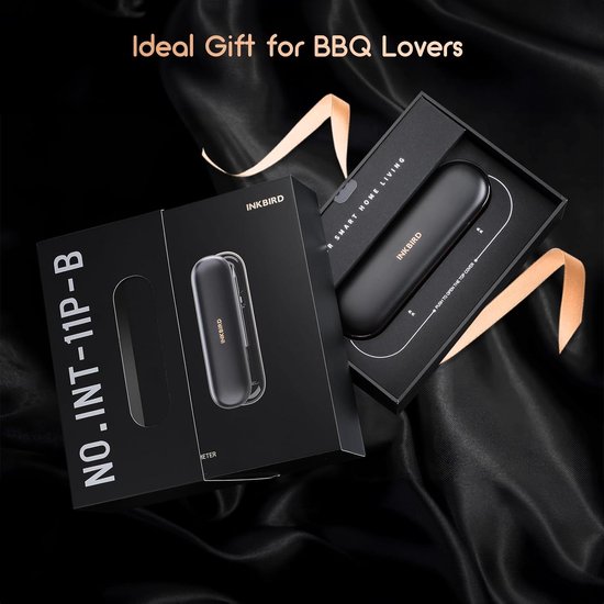 De zwarte INKBIRD thermometer met opbergcase in een luxe cadeaudoos, met satijnen linten.