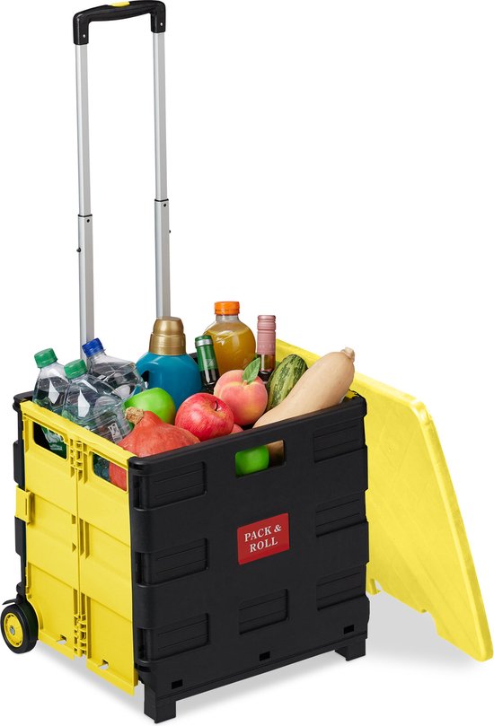 Relaxdays boodschappentrolley, opvouwbaar, krat op wielen, deksel, met kantelbare handgreep, tot 50 kg, grijs-wit