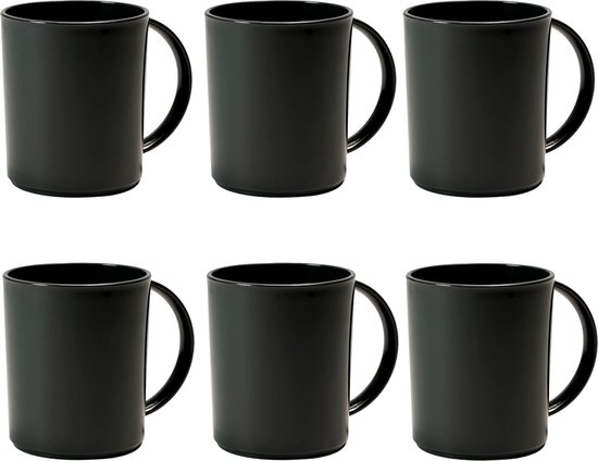 Plastic Koffiemokken, Set van 6, Kampeer Koffiekopjes 6 x 360 ml, Kampeerbekers Set van 6 (Space Black)