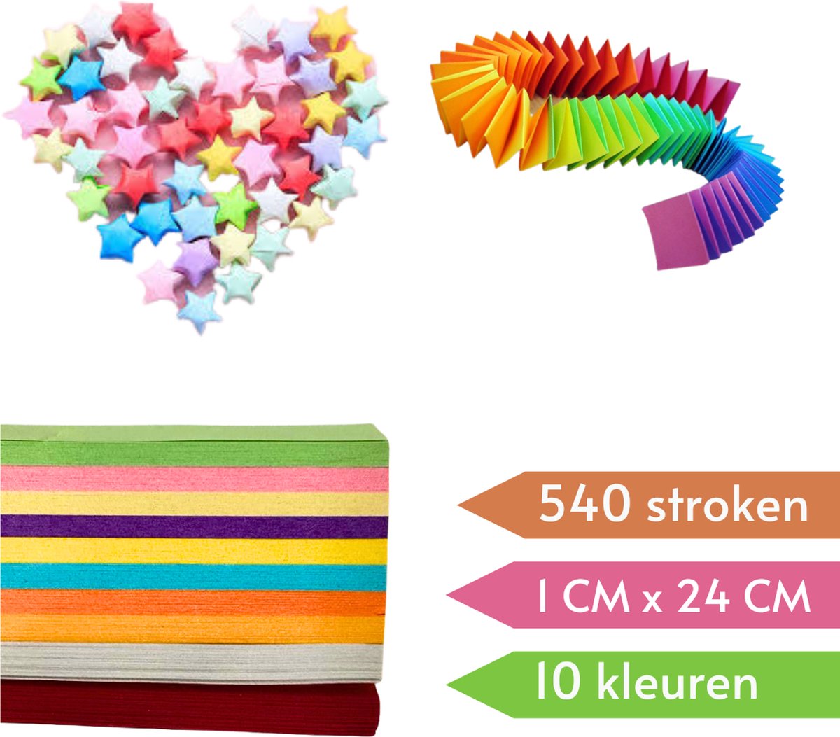 Papierstroken in 10 kleuren - 540 stuks - 1CM x 24CM - Vlechtstroken - Origami Papier voor sterren - Lucky Stars vouwen — afbeelding 4
