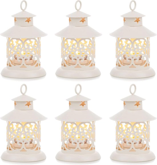 La traduction du texte en néerlandais est la suivante : Photophore Décoration Witte - Set de 6 bougies lanternes Vintage en métal avec gravure pour Bougies, décoration de table, mariage, Noël, Ramadan, balcon, Jardin, extérieur.