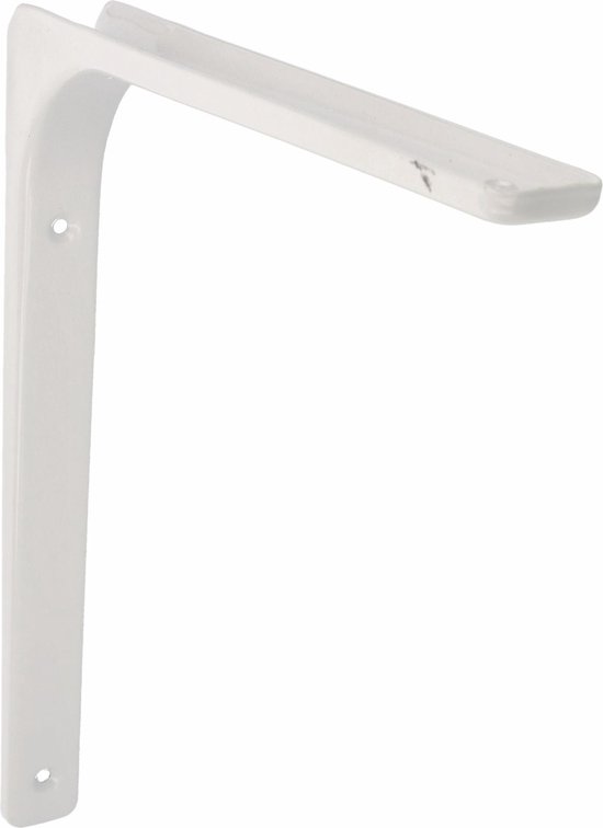 Équerre de tablette blanche en métal avec un bras long et droit.