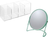 Spirella Make-up organizer en spiegel set - 4 vakjes - plastic/metaal - 5x zoom spiegel - groen/transparant