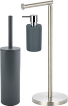 Spirella Ensemble d'accessoires de salle de bain - Brosse WC/distributeur de savon/porte-rouleau - métal/porcelaine - gris foncé - Aspect Luxe