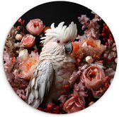 WallCircle - Wandcirkel 120x120 cm - Kaketoe vogel bloemen - Ronde schilderijen woonkamer - Wandbord rond - Muurdecoratie cirkel - Kamer decoratie binnen - Wanddecoratie muurcirkel - Woonaccessoires dieren - Roze woonaccessoires