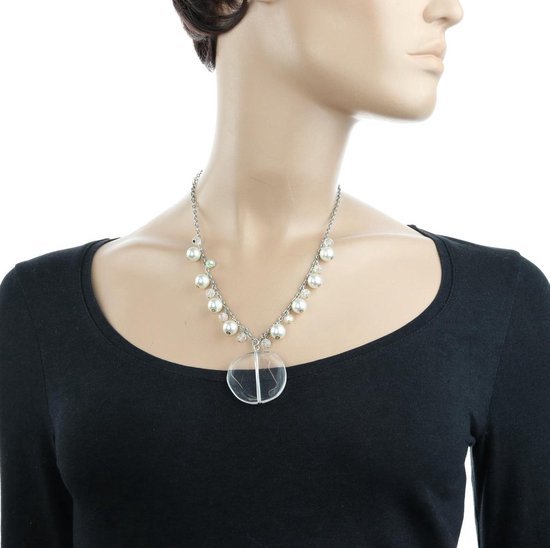 Collier Behave argenté avec perles, perles et pendentif rond transparent