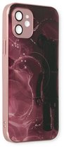 Casemania Hoesje Geschikt voor Apple iPhone 12 Rood - Siliconen Marmer Back Cover - Geschikt voor MagSafe