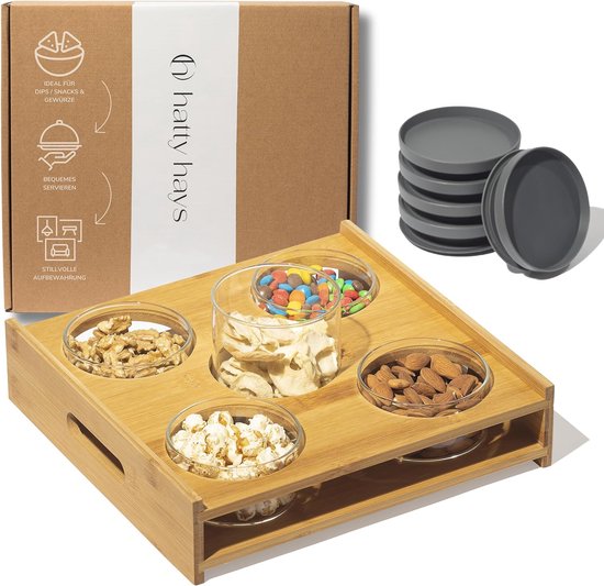 Foto: Houten dienblad incl 5 x voorraadpotten 4x 160 ml 1x 500 ml keukenorganisatie leuke uitstraling serveren van muesli en snacks hoogwaardig hout perfect voor gezellige ronden