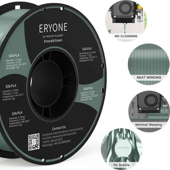 Eryone - Emerald Green - PLA Filament - 1.75mm 1kg - Voor 3D Printer en 3D Pen - Groen
