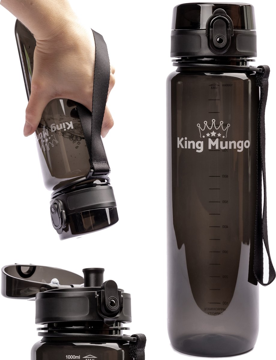 1 Liter Drinkfles Vaatwasserbestendig 100% Lekvrij BPA-vrij Waterfles 1L Drinkflessen Volwassenen & Kinderen - Zwart - King Mungo Waterflessen - King Mungo