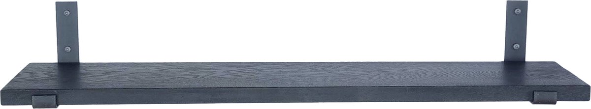 GoudmetHout Wandplank Industrieel - 220 x 20 cm Muurplank - Zwart Eiken Hout - Decoratie Wandrek & Boekenrek - Hangplank Keuken - Wall Shelf + 2 Mat Blanke Plankdragers van Staal